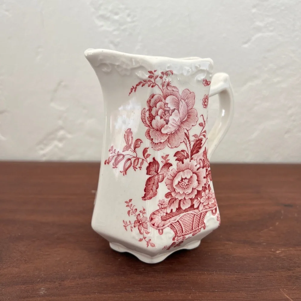 Crown Devon red white floral creamer pitcher jug Staffordshire English China